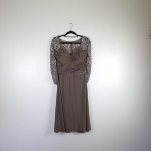 Terani Couture Beaded Rose Taupe Wrap-over Dress.