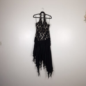 Marcelane Black and Silver Halterneck Dress with Beading and Cascading Chiffon Skirt