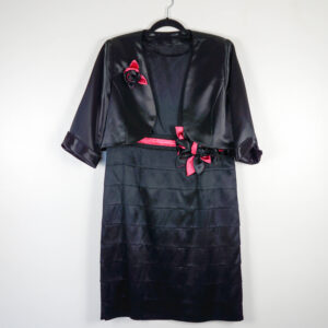 Monsoon Two Piece Dress and Jacket in Black Satin with Pink Floral Bow.