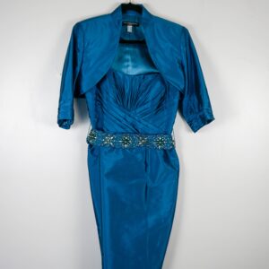 Veni Infantino Peacock Teal Blue Satin Dress and Bolero Jacket
