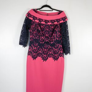 Pink Faux Wool Midi Dress with Black Lace Detailing
