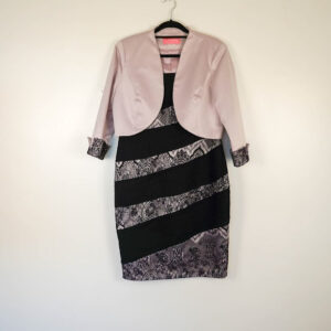 Renata Pink Fitted Mini Dress with Lace Stripes, Worn With Pink Bolero