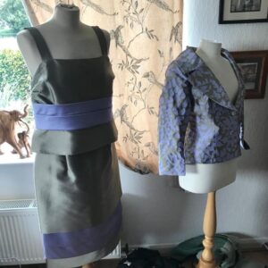 Helen Sykes Three Piece Suit in Satin Silver and Purple.